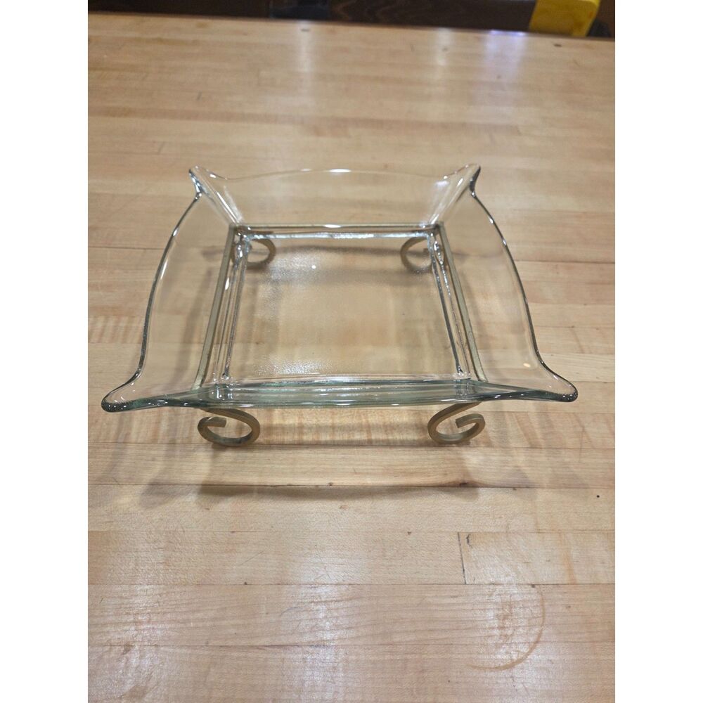 Vintage Southern Living At Home Villa Clear Glass Square Bowl Gold Stand 10"